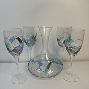 RARE 5 Piece Set Art Glass, Hand Painted 4 Glasses and Decanter